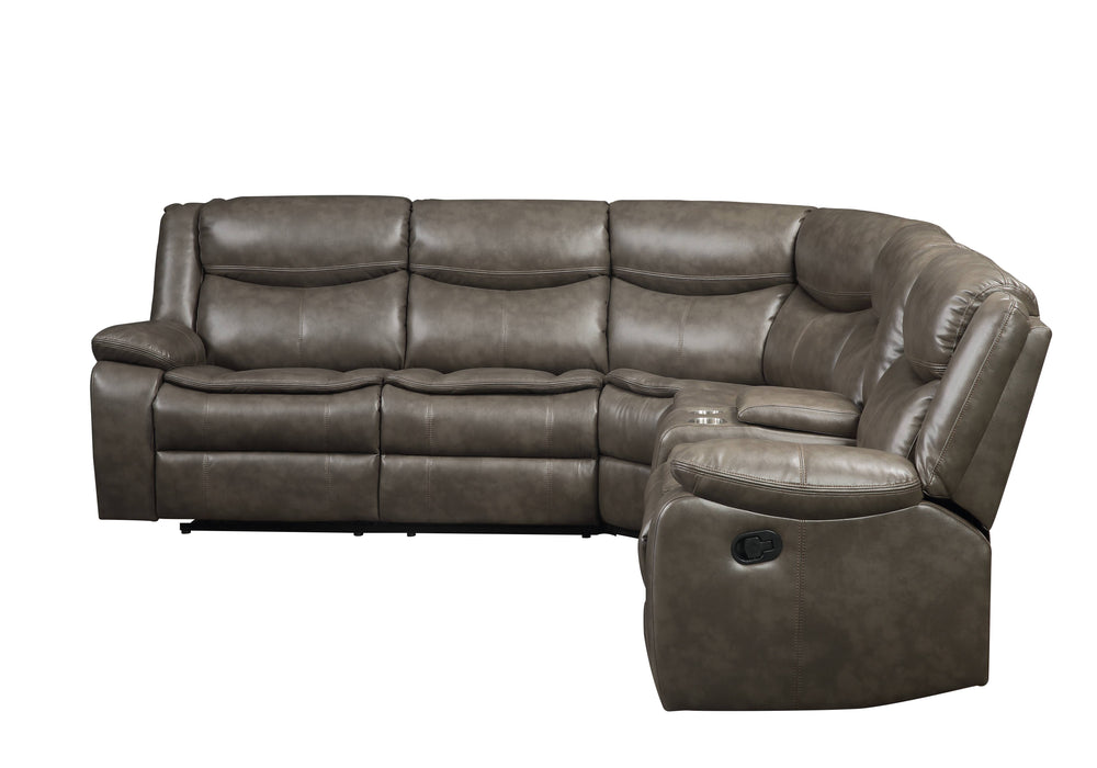 English Elm Tavin Taupe Faux Leather Sectional Recliner Sofa w/ Cupholder Console, 2 Recliners, Storage, 3-Seat Motion B2726S00126