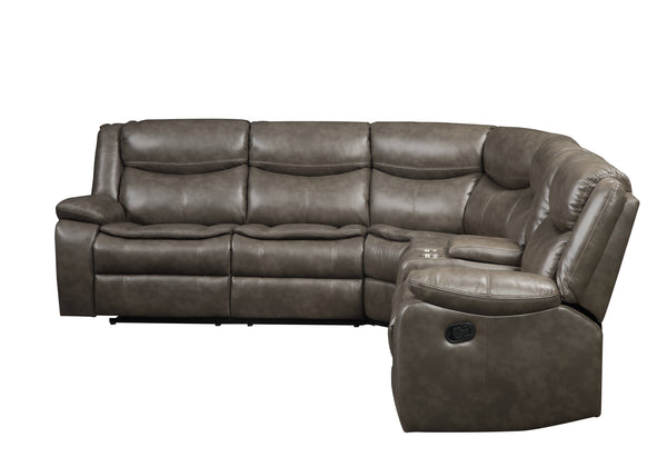 English Elm Tavin Taupe Faux Leather Sectional Recliner Sofa w/ Cupholder Console, 2 Recliners, Storage, 3-Seat Motion B2726S00126