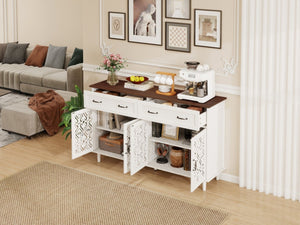 English Elm Vintage Farmhouse Sideboard with Hand-carved Doors Two-tone Distressed Wood Finish W688P360028