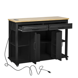 English Elm K&k Farmhouse Kitchen Island Extendable Table Rubber Wood Veneer Built-in Charging Storage Black N707S215327B