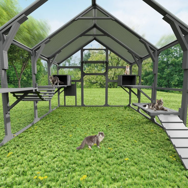 English Elm Large Walk-in Pine Catio Multi-cat Enclosure with Seven Platforms and Weatherproof Roof N704G201613E