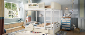 English Elm Full Bunk Bed with Trundle Bookshelf Storage Pine Frame Car Design for Kids Beige+White W1580S00444