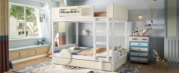 English Elm Full Bunk Bed with Trundle Bookshelf Storage Pine Frame Car Design for Kids Beige+White W1580S00444