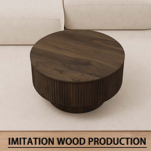 English Elm 29.53 Inch Round Mdf Coffee Table Sculptural Grooved Silhouette with Hidden Storage W2189P320663
