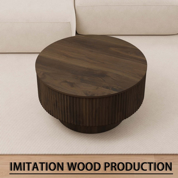 English Elm 29.53 Inch Round Mdf Coffee Table Sculptural Grooved Silhouette with Hidden Storage W2189P320663