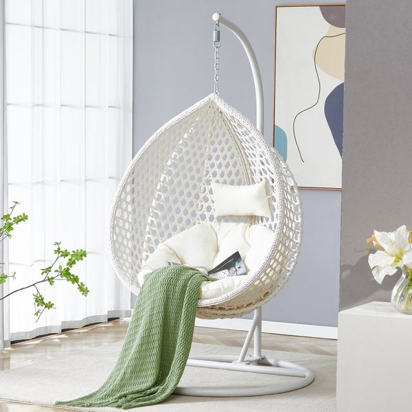 English Elm 76.8-inch Hand Woven Rattan Egg Swing Chair Indoor Outdoor with Cushion Lumbar Pillow White W1512P498593