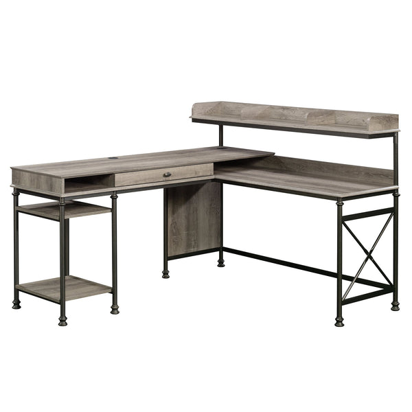 English Elm L-Shaped Desk In Warm Brown Finish - Stylish Corner Workspace With Ample Surface And Storage Options B356P402707