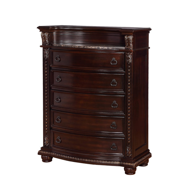 English Elm 1pc Marble Top Five Drawers Tall Chest with Intricate Moldings, Curved Silhouette & Antiqued Hardware Brown,Cherry 48 L x 23.5 W x 58.25 H B2741P366083