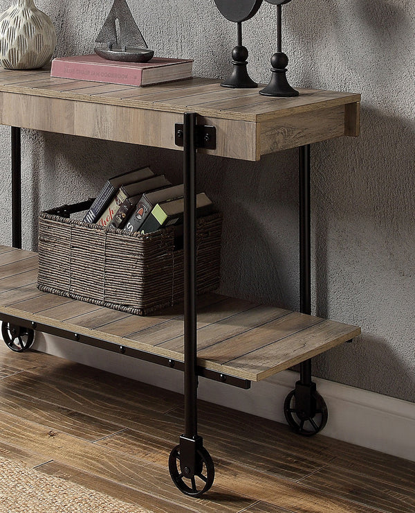 English Elm Industrial Slat Sofa Table with Natural Tone Top, Black Metal Frame, Open Shelf & Wheel Legs - 47" B011P214571