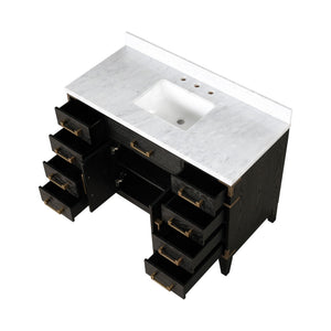 English Elm Black Oak Single Bath Vanity 48"W x 22"D with Carrara Marble Top, Solid Wood, Soft-Close Drawers, Storage B2731P260922
