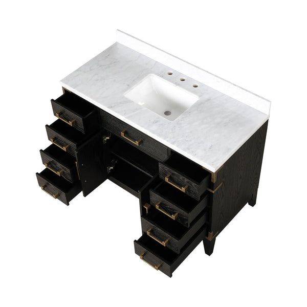 English Elm Black Oak Single Bath Vanity 48"W x 22"D with Carrara Marble Top, Solid Wood, Soft-Close Drawers, Storage B2731P260922
