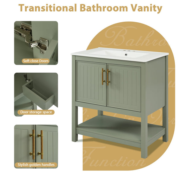 English Elm 30-Inch Green Bathroom Vanity With Ceramic Sink, Elegant Design, Smart Storage For Small Spaces WF325888AAF
