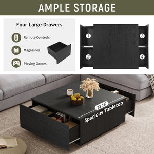 English Elm 33.25" Square Coffee Table with 4 Drawers — Minimalist Modern MDF Design, Space-Saving Durable Centerpiece Black N735P277298B