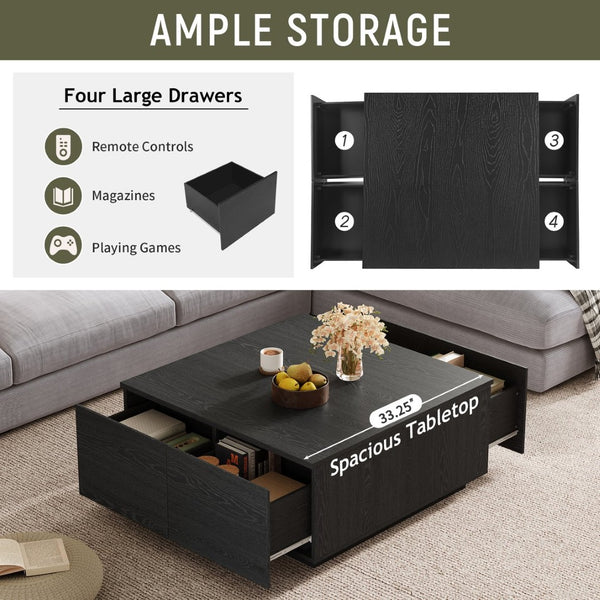 English Elm 33.25" Square Storage Coffee Table Four Drawer Matte Mdf Living Room Centerpiece Black N735P422508B