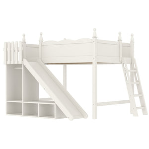 English Elm Twin Loft Bed Solid Pine Frame with Wardrobe Shelving Detachable Slide Kids Room Beige W5305S00023