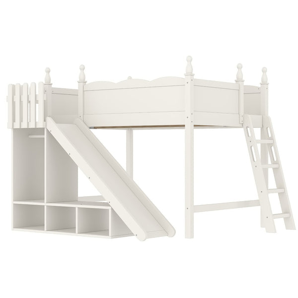 English Elm Twin Loft Bed Solid Pine Frame with Wardrobe Shelving Detachable Slide Kids Room Beige W5305S00023