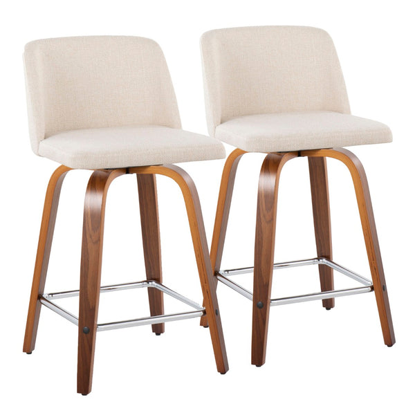 English Elm Toriano 24" Mid-Century Modern Counter Stool Set Of 2 - Swivel Seats In Walnut Wood & Cream Fabric B202S00117-GIGA