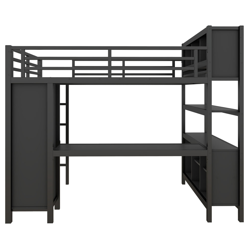 English Elm Metal Loft Bed With Integrated Desk, Wardrobe & Storage Cubes - Space-Saving Solution For All Ages W1580S00068