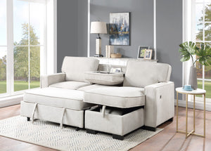 English Elm Ella Reversible Sleeper Sectional Neutral Fabric with Storage Chaise and Usb Charging Beige B2749S00013