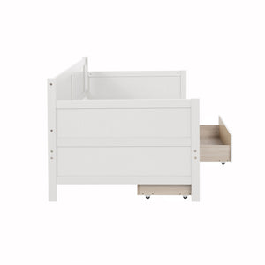 English Elm Twin Pine Wood Daybed with Two Hidden Storage Drawers, Space-Saving Twin Sofa Bed with Clean Silhouette White W504P149045