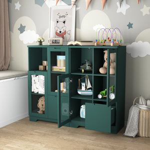 English Elm MDF modern painted storage cabinet with glass doors, drawer and open shelves for entryway decor (97) Green W409P171458