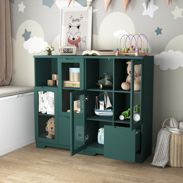English Elm MDF modern painted storage cabinet with glass doors, drawer and open shelves for entryway decor (97) Green W409P171458