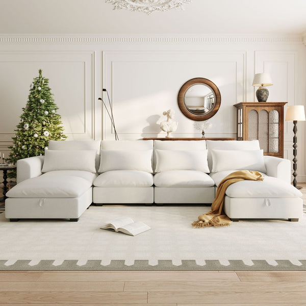 English Elm U_style Modular U-shaped Sectional Sofa Six Seat Linen Fabric with Storage Ottomans Beige WY000491AAA
