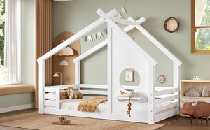 English Elm Twin House Floor Bed with Window & Shelf, Solid Wood Pitched Roof Design for Safe Cozy Sleep White W1580P362678
