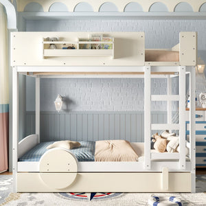 English Elm Full Bunk Bed with Trundle Bookshelf Storage Pine Frame Car Design for Kids Beige+White W1580S00444
