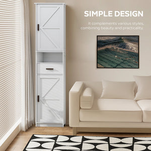 English Elm 69" Tall Bathroom Storage Cabinet with Barn Doors and Drawer, Slim 7-Shelf Floor Unit for Small Spaces White W3457P336681