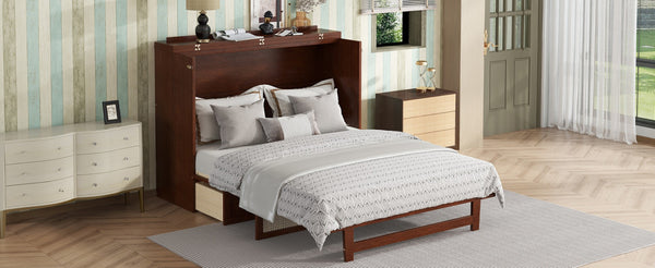 English Elm Queen Size Murphy Bed - Stylish Walnut Pine Cabinet With Rattan Accents & Full-Width Storage Drawer W504S00231-GIGA