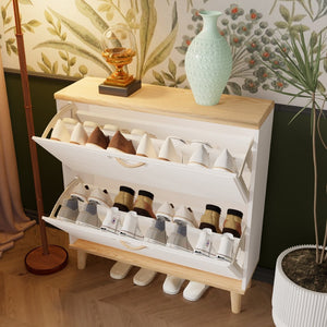 English Elm Shoes Storage Cabinet Slim Flip Door Entryway Organizer with Natural Wood Legs 16 Pairs W3166P268388