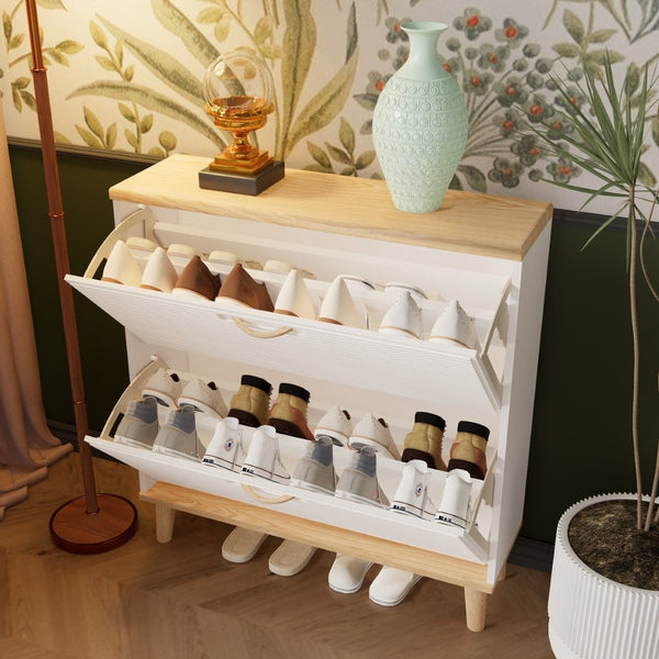 English Elm Shoes Storage Cabinet Slim Flip Door Entryway Organizer with Natural Wood Legs 16 Pairs W3166P268388