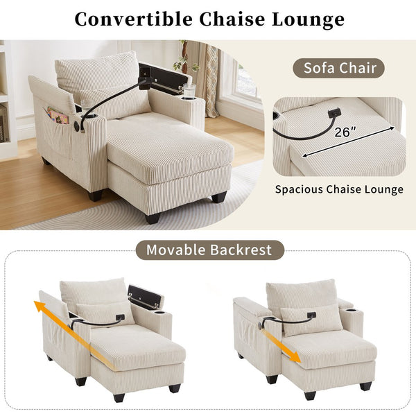 English Elm Convertible Chaise Lounge Sofa Bed With Usb Ports, Cup Holders & Storage For Stylish Comfort N719S002021A