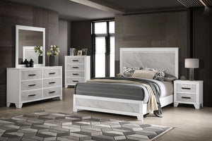 English Elm White Contemporary Nightstand with Faux Marble Inset, Black Bar Pulls, Metal Glide, 23"W x15"D x24"H B2741P406264