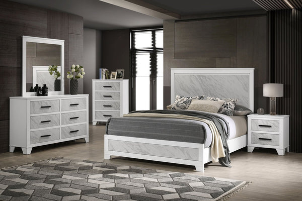 English Elm White Contemporary Nightstand with Faux Marble Inset, Black Bar Pulls, Metal Glide, 23"W x15"D x24"H B2741P406264
