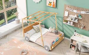 English Elm Wood Full Size Car Bed with LED Night Lights, Pine Frame, Imaginative Canopy & Cozy Pillow (Natural) WF309289AAM