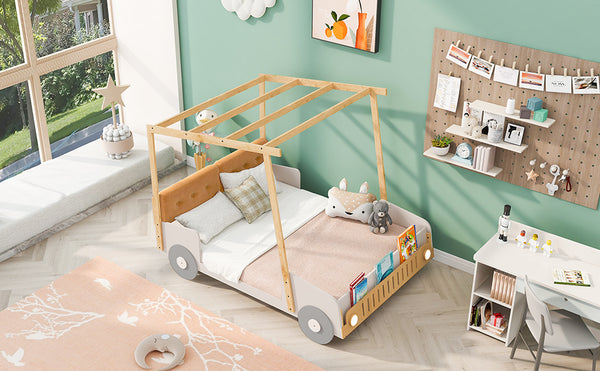 English Elm Wood Full Size Car Bed with LED Night Lights, Pine Frame, Imaginative Canopy & Cozy Pillow (Natural) WF309289AAM