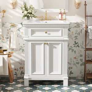 English Elm 24'' Carved Farmhouse Bathroom Vanity with Ceramic Sink Soft Close Storage Cabinet White N710P446530K