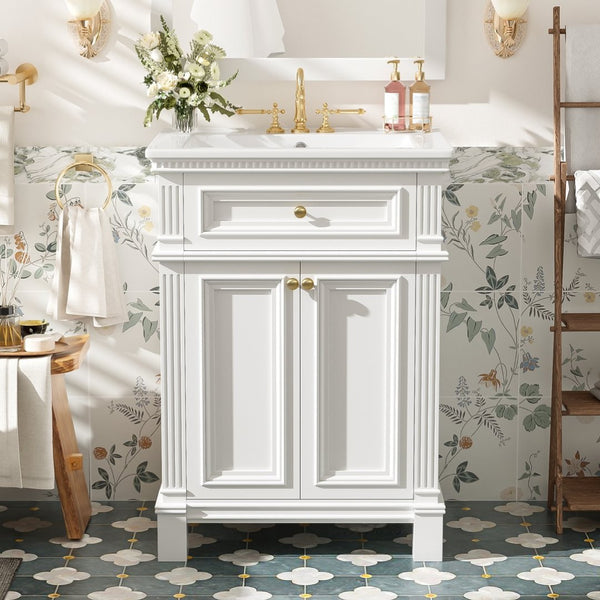 English Elm 24'' Carved Farmhouse Bathroom Vanity with Ceramic Sink Soft Close Storage Cabinet White N710P446530K