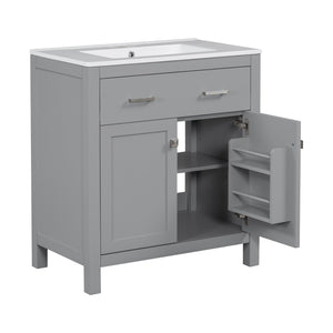 English Elm 30" Modern Bathroom Vanity with Ceramic Sink and Soft-Close Doors, Solid Wood MDF Build, Sleek Handles Gray N729P263155E