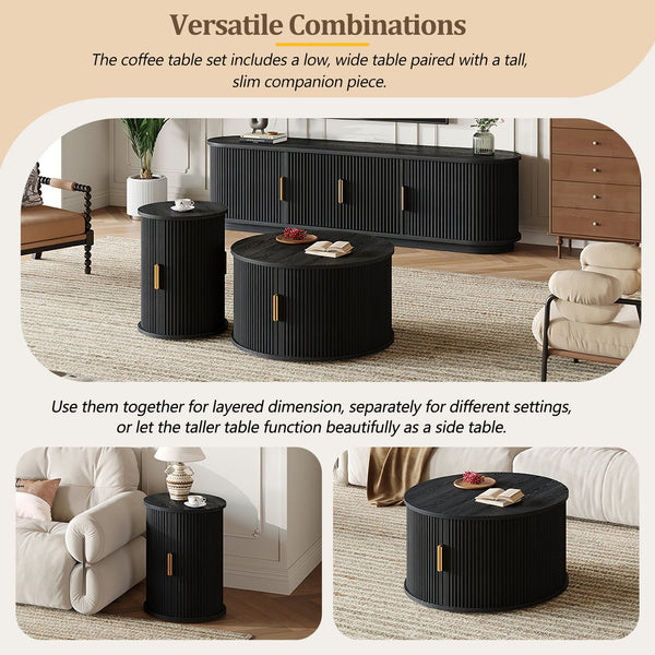 English Elm [Assembly Wooden TV Stand & Coffee Table Set with Fluted Sliding Doors, Golden Handles, Cable Management, Farmhouse Appeal Black N721S000053B