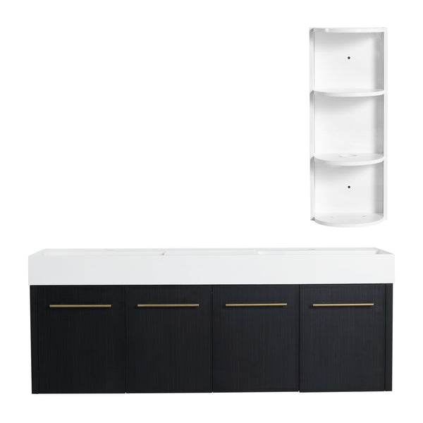 English Elm 60 Inch Wall-Mounted Bathroom Vanity With Double Resin Sink & Stylish Storage Rack, Easy Assembly W999S00372