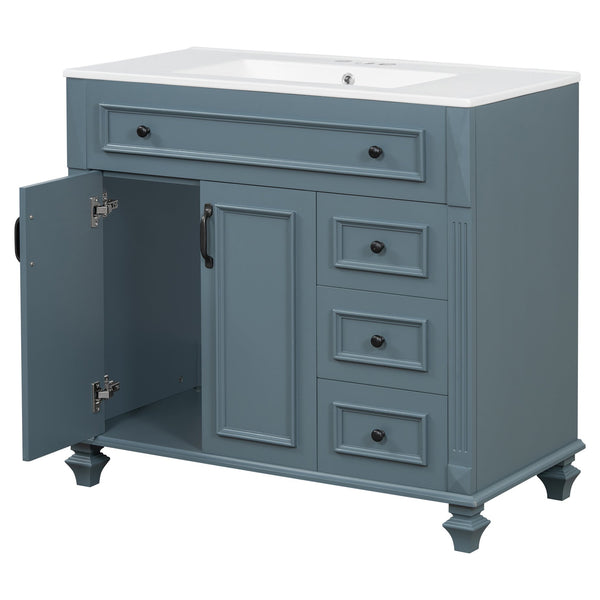 English Elm 36" Modern Bathroom Vanity with Ceramic Sink, Gold Handles, Flip-Out Drawer & Soft-Close Doors Blue Gray N725P283623C
