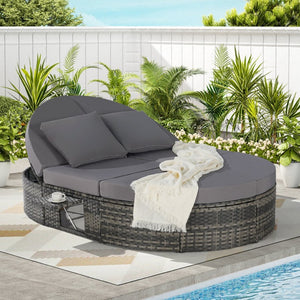 English Elm Outdoor Round Pe Rattan Daybed with Reclining Backrest and Built in Cup Trays Dark Gray W874S00079