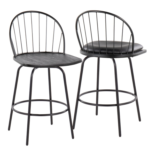 English Elm Riley Farmhouse 26" Fixed-Height Counter Stool with 360° Swivel, Faux Leather Seat & Metal Footrest (Set of 2) Black B202S00371