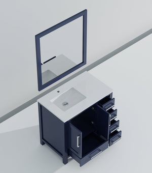 English Elm Navy Blue Bath Vanity With Left Offset Quartz Top, Stylish Mirror & Ample Storage Solutions Included B2731S00693