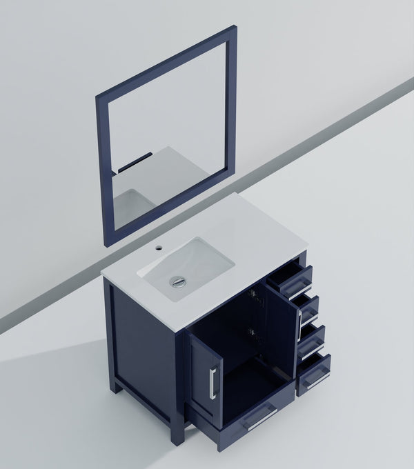 English Elm Navy Blue Bath Vanity With Left Offset Quartz Top, Stylish Mirror & Ample Storage Solutions Included B2731S00693