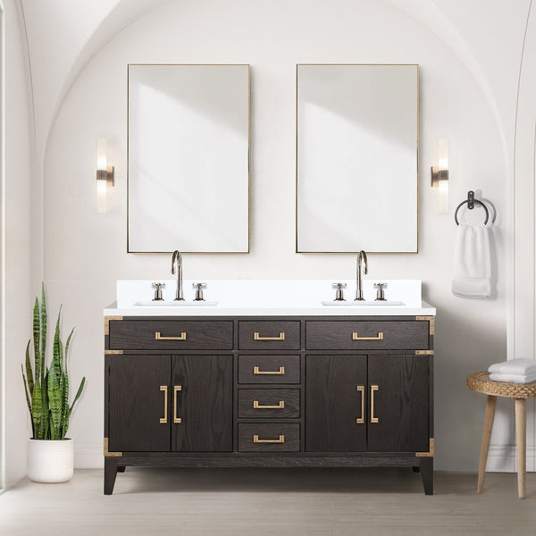 English Elm Brown Oak Double Bath Vanity With White Quartz Top, Chrome Faucet, Ample Storage & Soft-Close Hardware B2731P259850