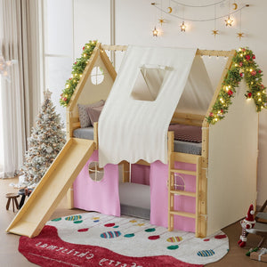 English Elm Full Size Pine Loft Bed with Slide Tent Panels Led Lights and Play Space Below W1580S00291